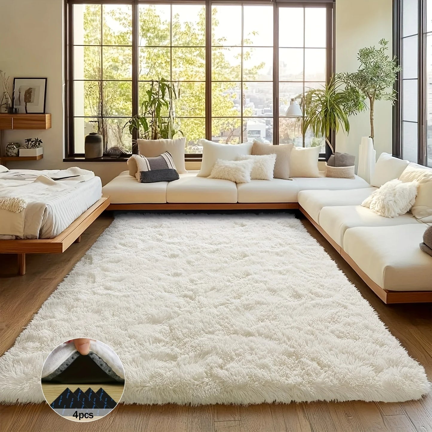 Off-White Soft Shaggy Non-Slip Rug Luxury Plush Carpet for Home Decor