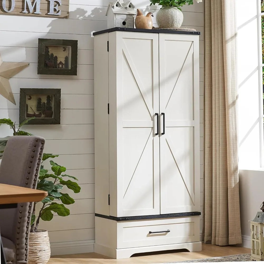 72 Inch Farmhouse Kitchen Pantry Cabinet with Drawer and Barn Doors