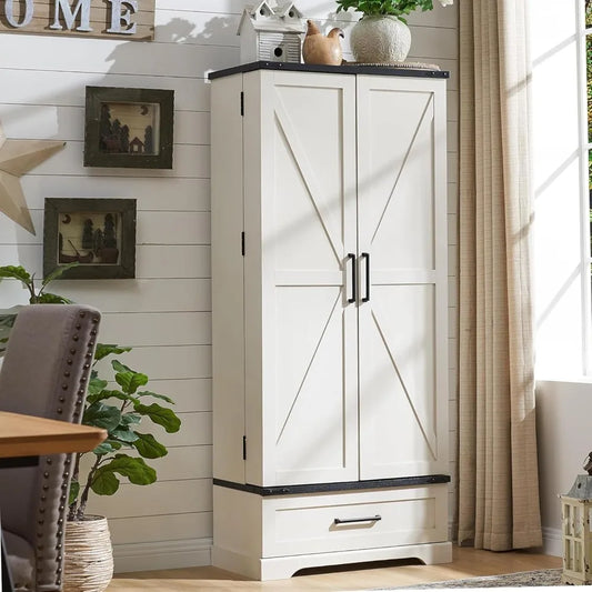 72 Inch Farmhouse Kitchen Pantry Cabinet with Barn Doors and Shelves