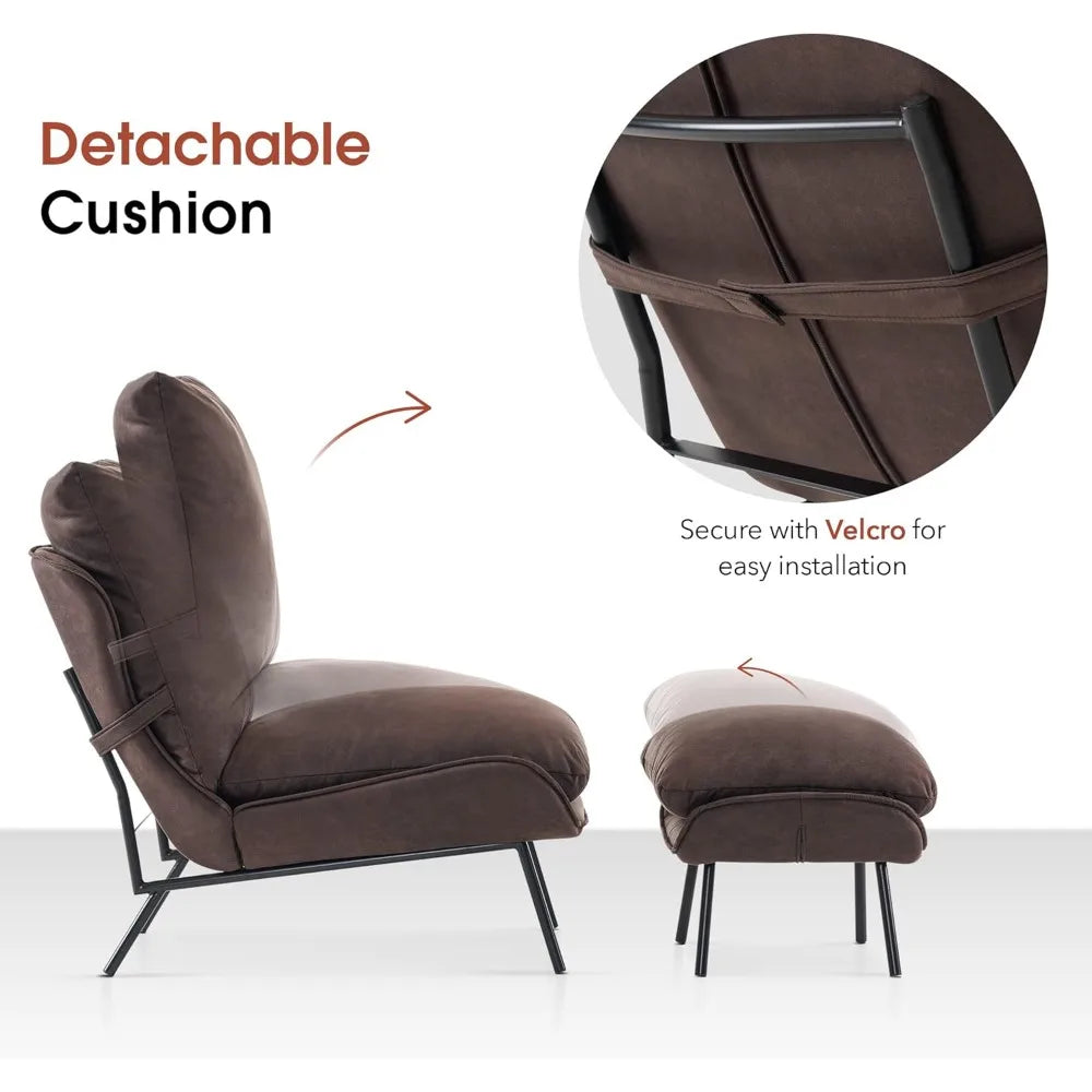 Modern Accent Chair Ottoman Leathaire Fabric Upholstered Small Space