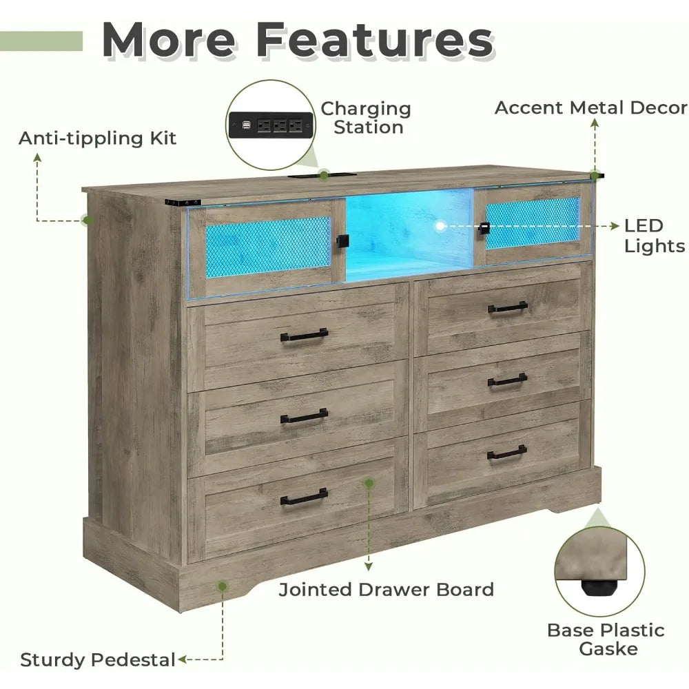 6 Drawer Dresser with LED Lights Charging Station Farmhouse Organizer