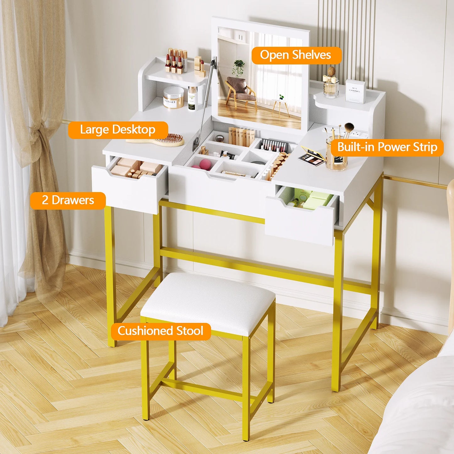 Satifur Vanity Desk with LED Mirror Power Outlets Makeup Stool Set
