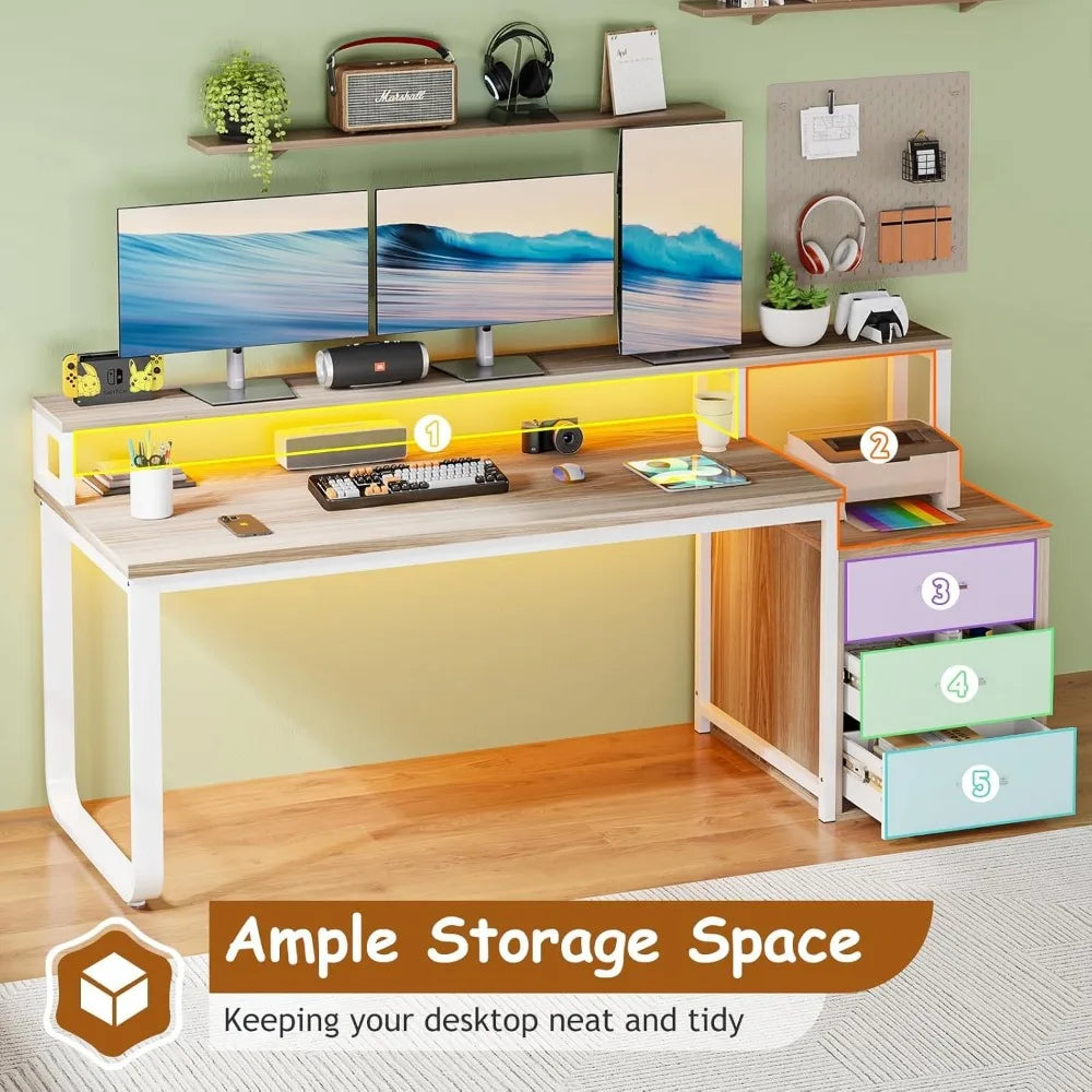 Ljustra 67 Inch Computer Desk with 3 Drawers and LED Light for Home Office