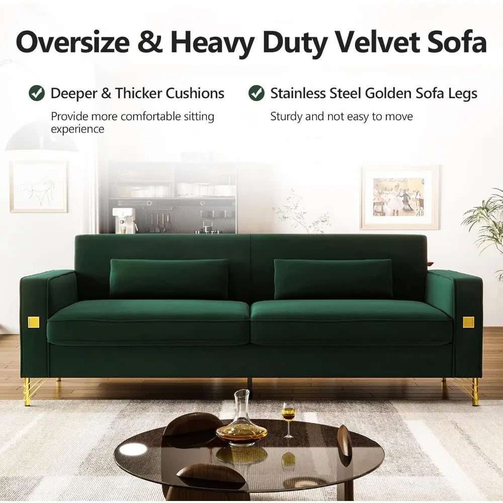 85" Velvet Mid-Century Sofa Couch 3-Seater w/ Gold Legs & Pillows Modern Style