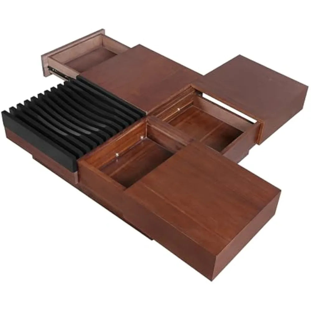 Vintage Acacia Wood Square Coffee Table with Sliding Top and Storage