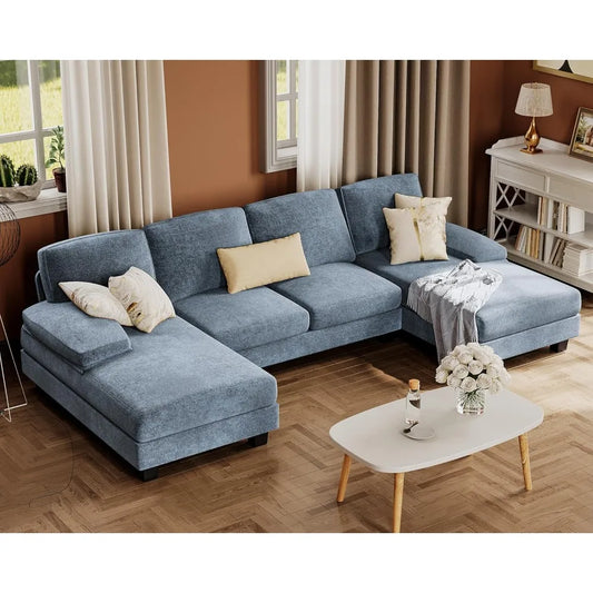 U-Shaped 4-Seat Sectional Sofa Double Chaise Linen Couch Modern Living Rooms
