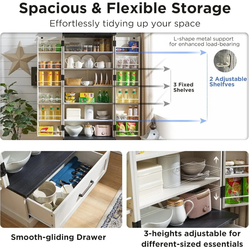 72 Inch Farmhouse Kitchen Pantry Cabinet with Barn Doors and Shelves