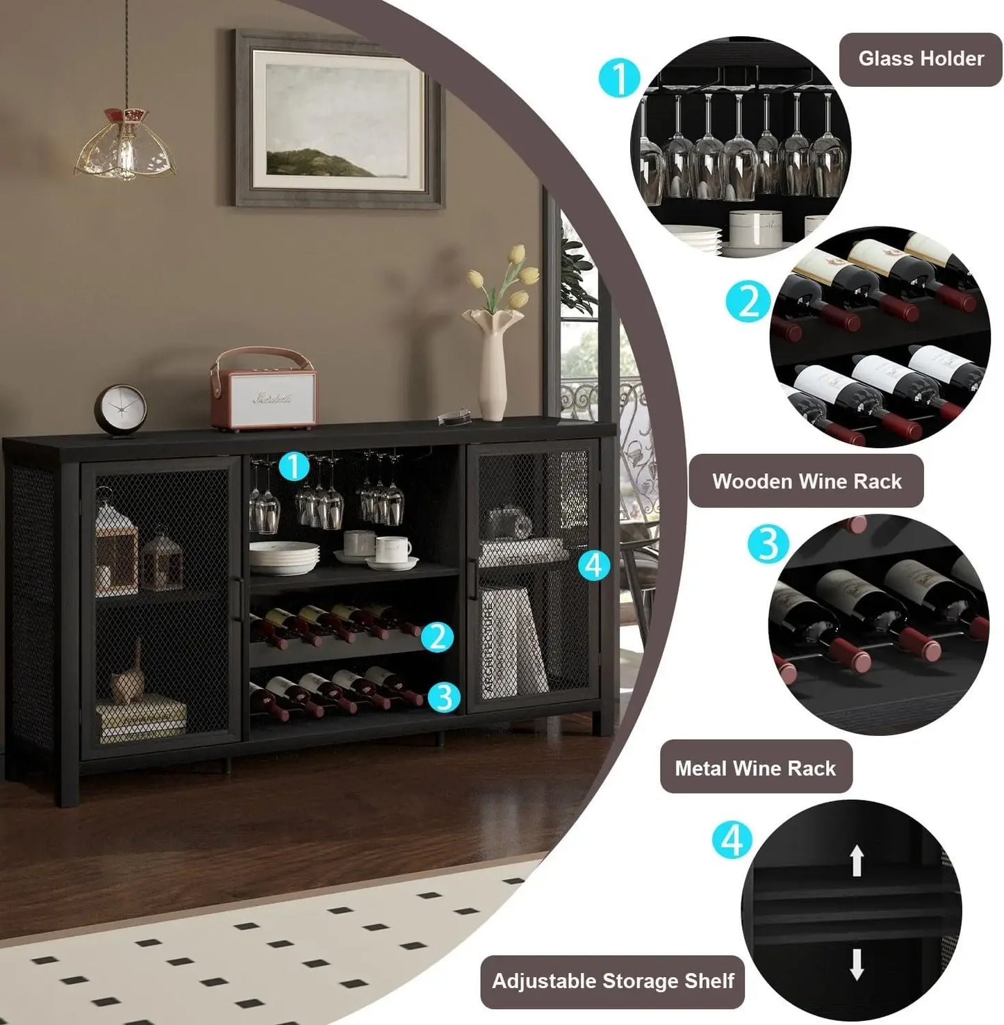 Black Wine Bar Cabinet Coffee Bar Cabinet with Storage Farmhouse Buffet