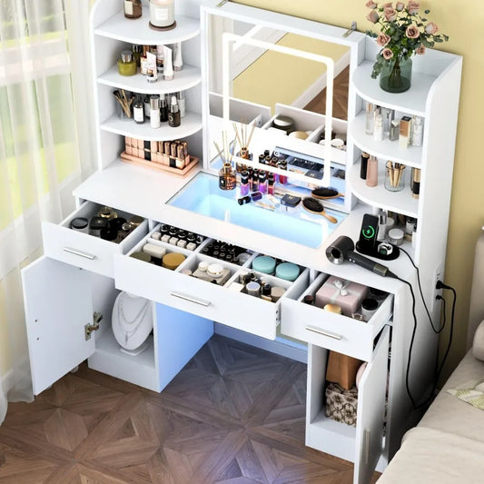 Vanity Desk with Lighted Mirror Power Outlet Makeup Table Storage