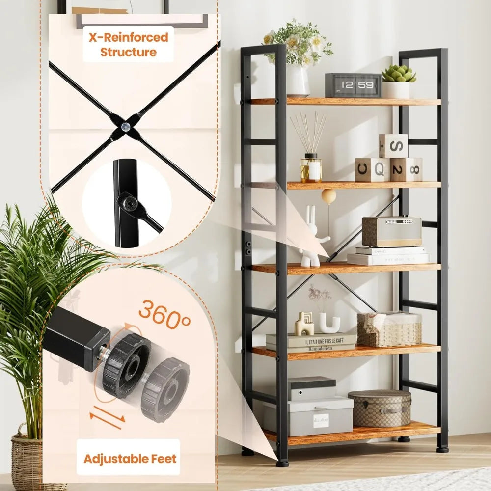 Modern 5 Tier Bookshelf Tall Bookcase Industrial Storage Organizer