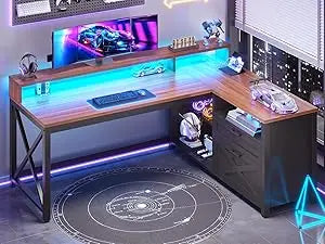 L Shaped Gaming Desk with LED Lights Power Outlet Storage Drawers