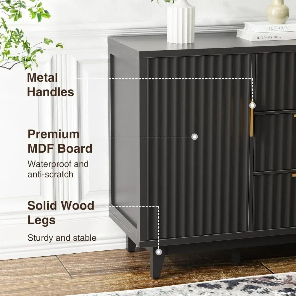 Ljustra Modern Fluted Storage Cabinet Sideboard with 3 Drawers and Doors