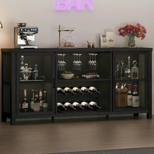 Black Wine Bar Cabinet Coffee Bar Cabinet with Storage Farmhouse Buffet