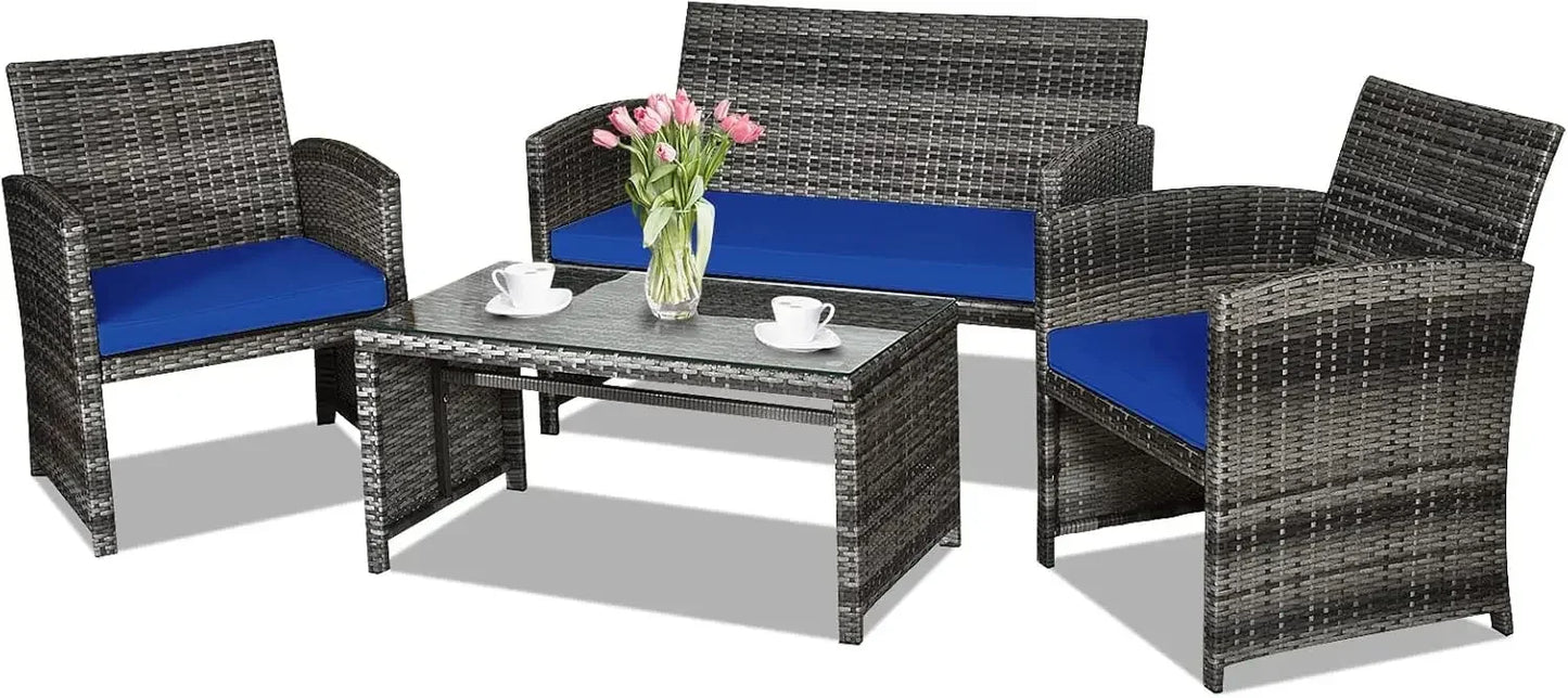 4-Piece Rattan Patio Furniture Set Outdoor Wicker Sofa Coffee Table