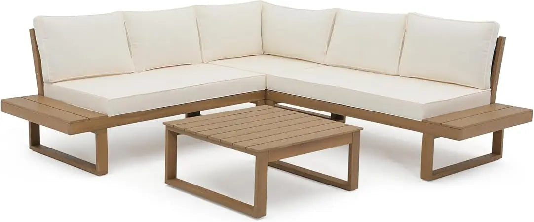 L-Shaped Acacia Wood Patio Sectional Sofa Set with Coffee Table