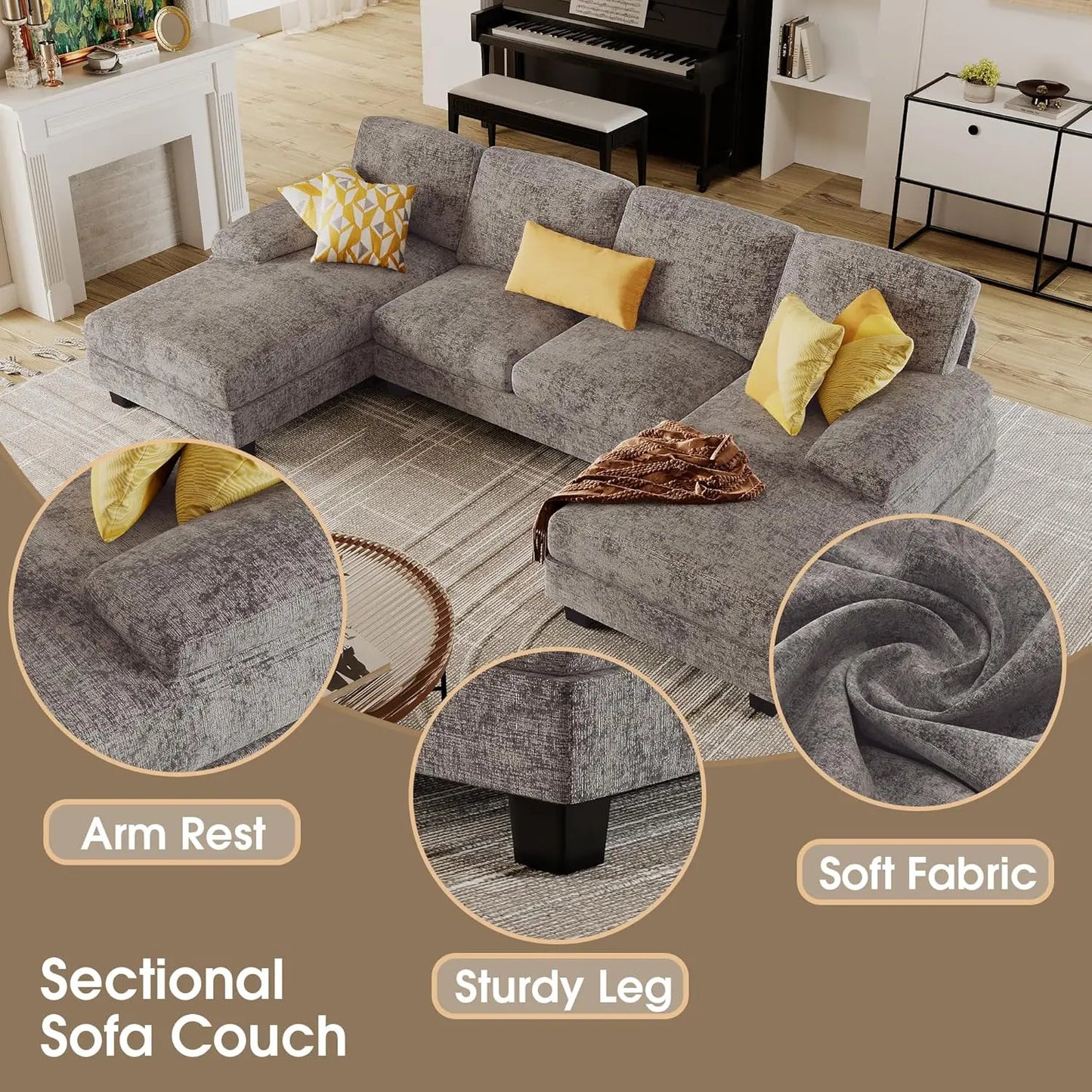 Ljustra Sectional Couch U-Shaped Sofa Linen Fabric 4 Seat Living Room