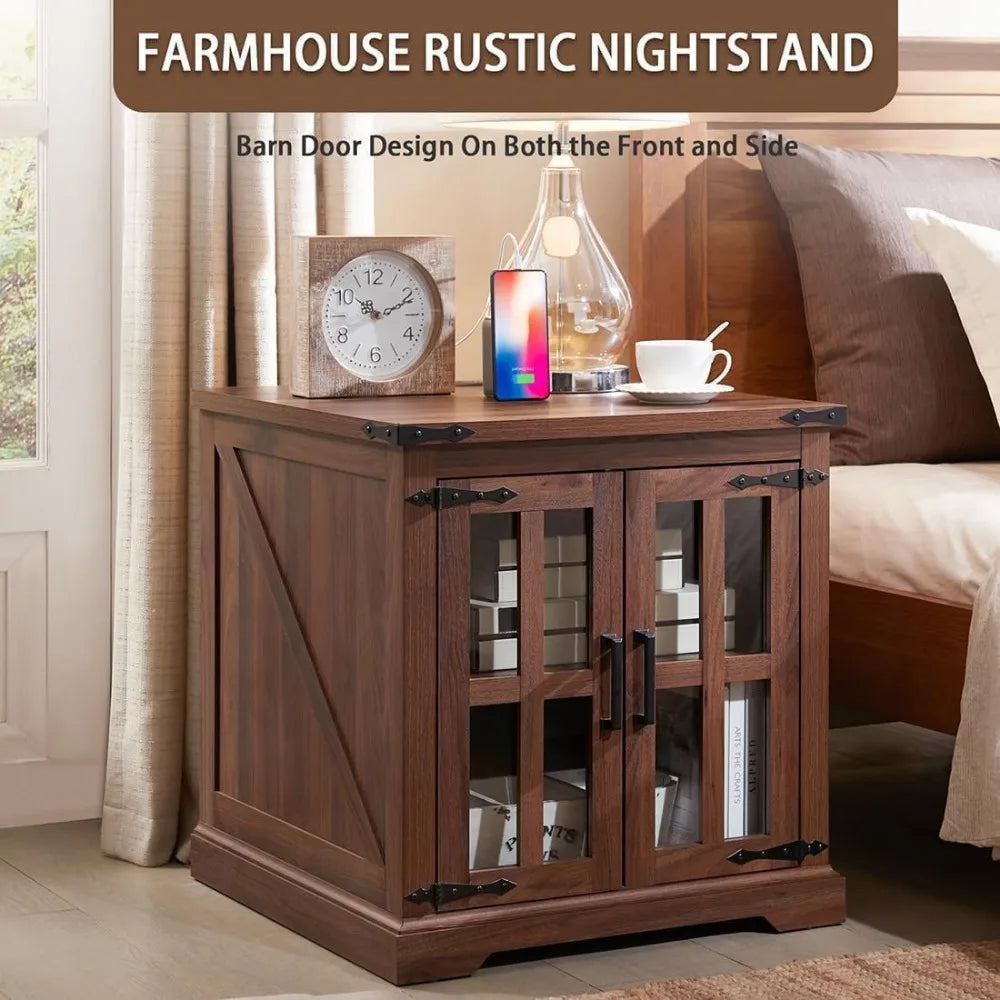 Farmhouse End Table with Charging Station Rustic Wood Nightstand