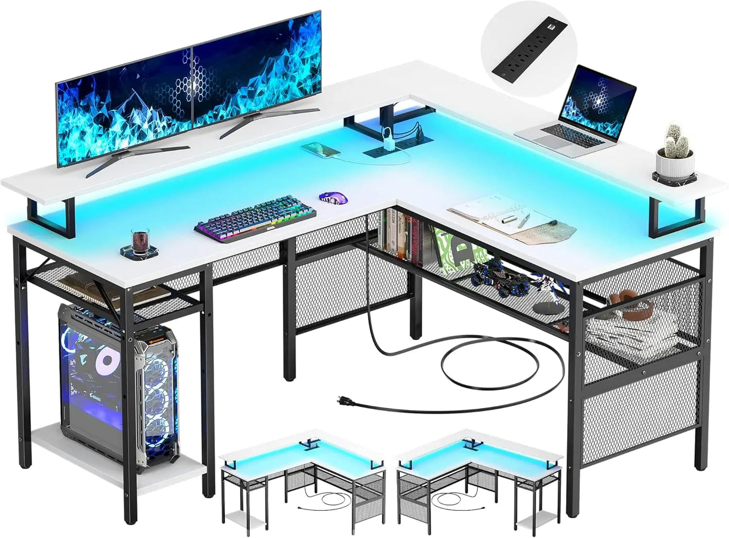 L Shaped Computer Desk with LED Strip Power Outlets Storage Shelf Gaming
