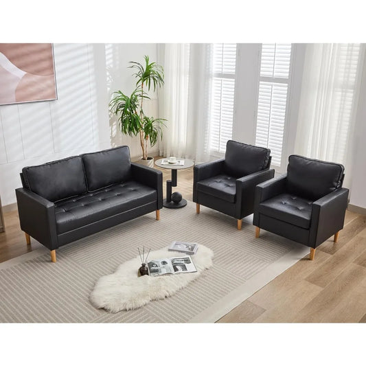 57 Inch Black Faux Leather Sofa Loveseat Mid Century Modern Style