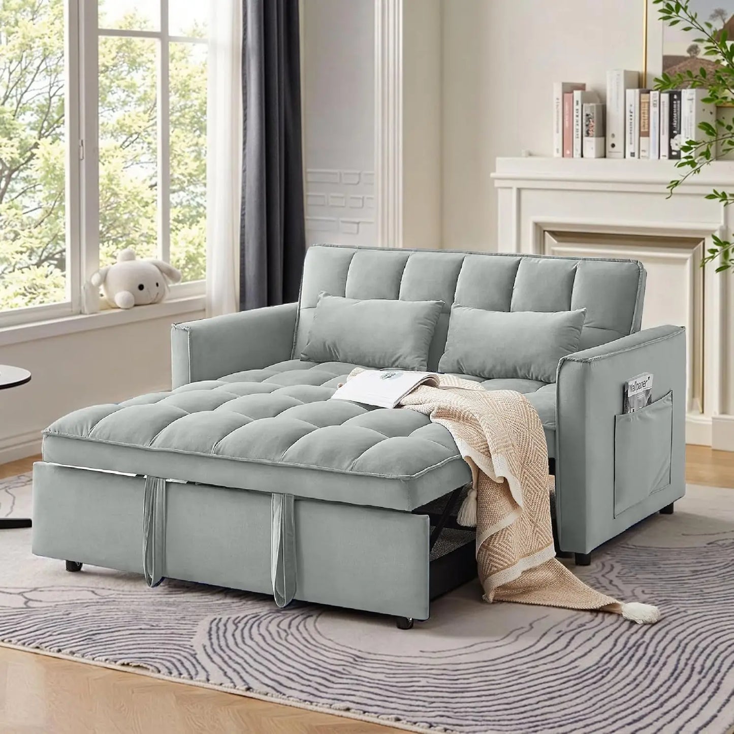 Sleeper Sofa Bed 55 Inch Convertible Loveseat Couch with Side Pockets