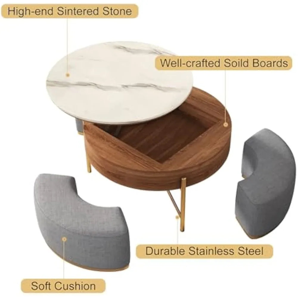 32 Inch Lift Top Coffee Table Set Round Marble Table with Storage Ottomans