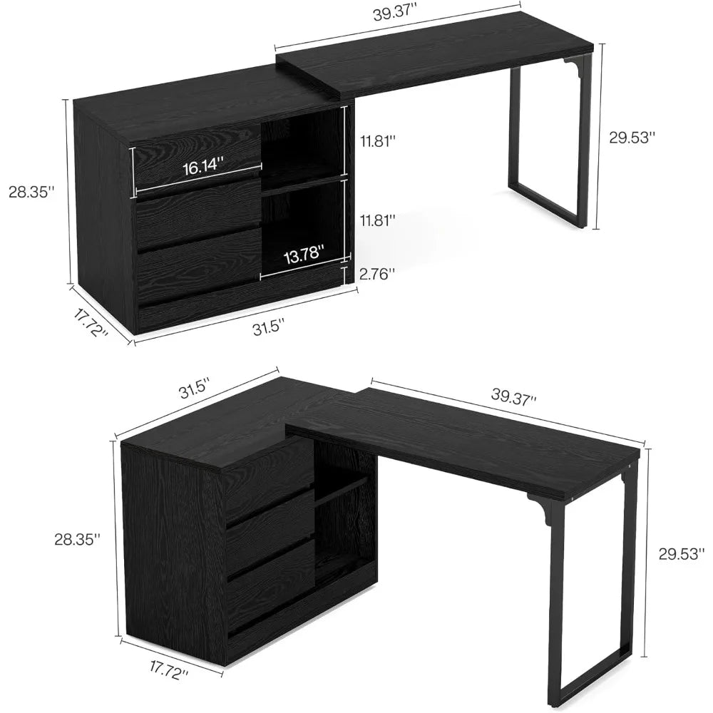 L-Shaped Computer Desk with Drawers Shelves Reversible Corner Office Desk