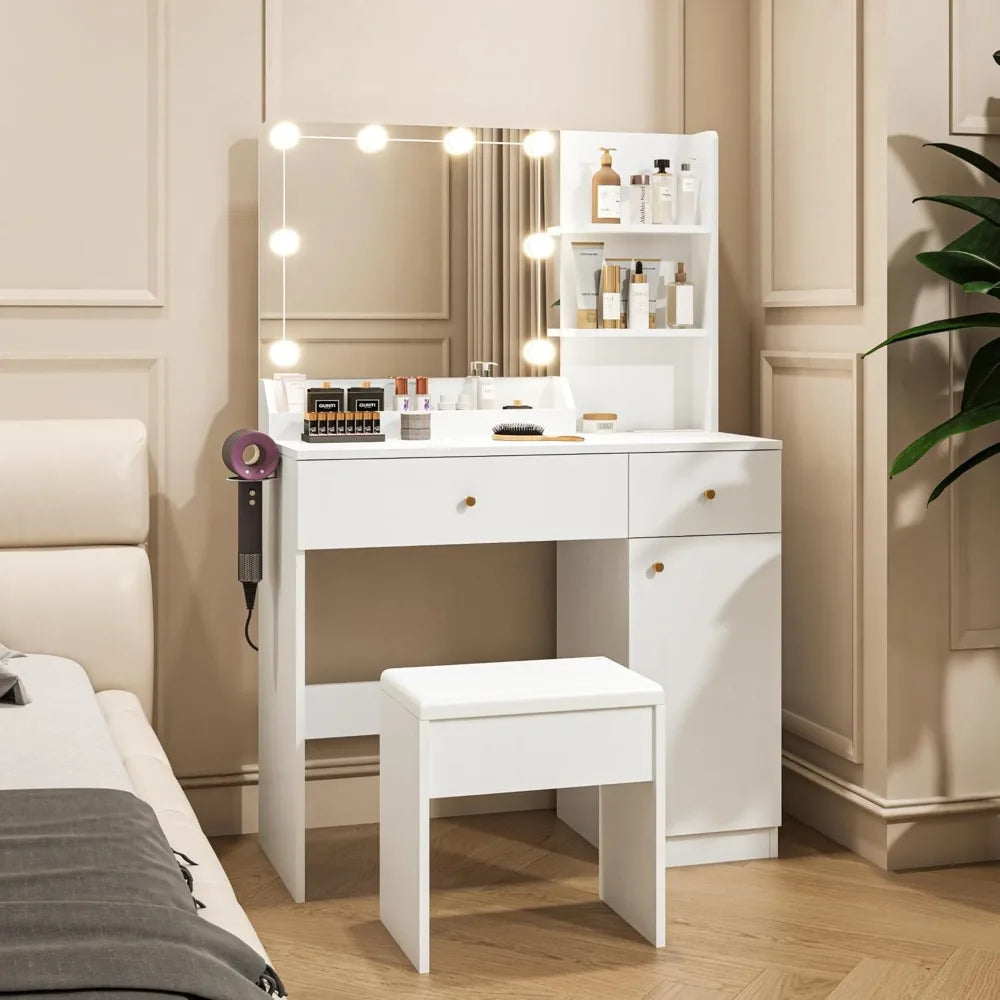 Vanity Desk with LED Mirror and Lights Makeup Table with Storage Cabinets