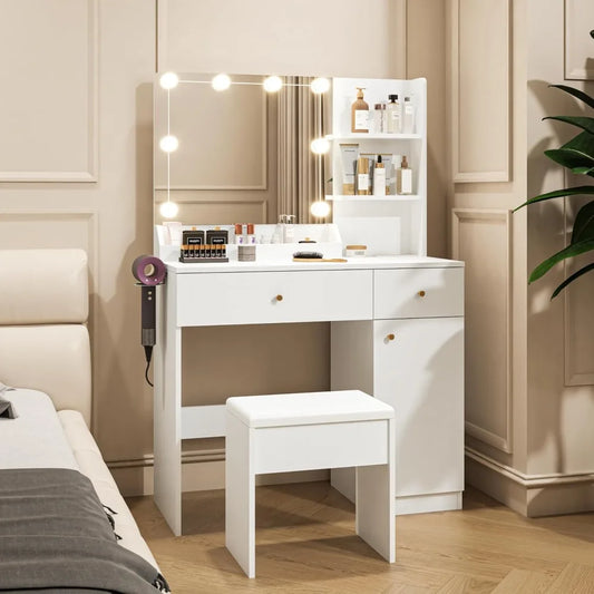 Vanity Desk with LED Mirror and Lights Makeup Table with Storage Cabinets