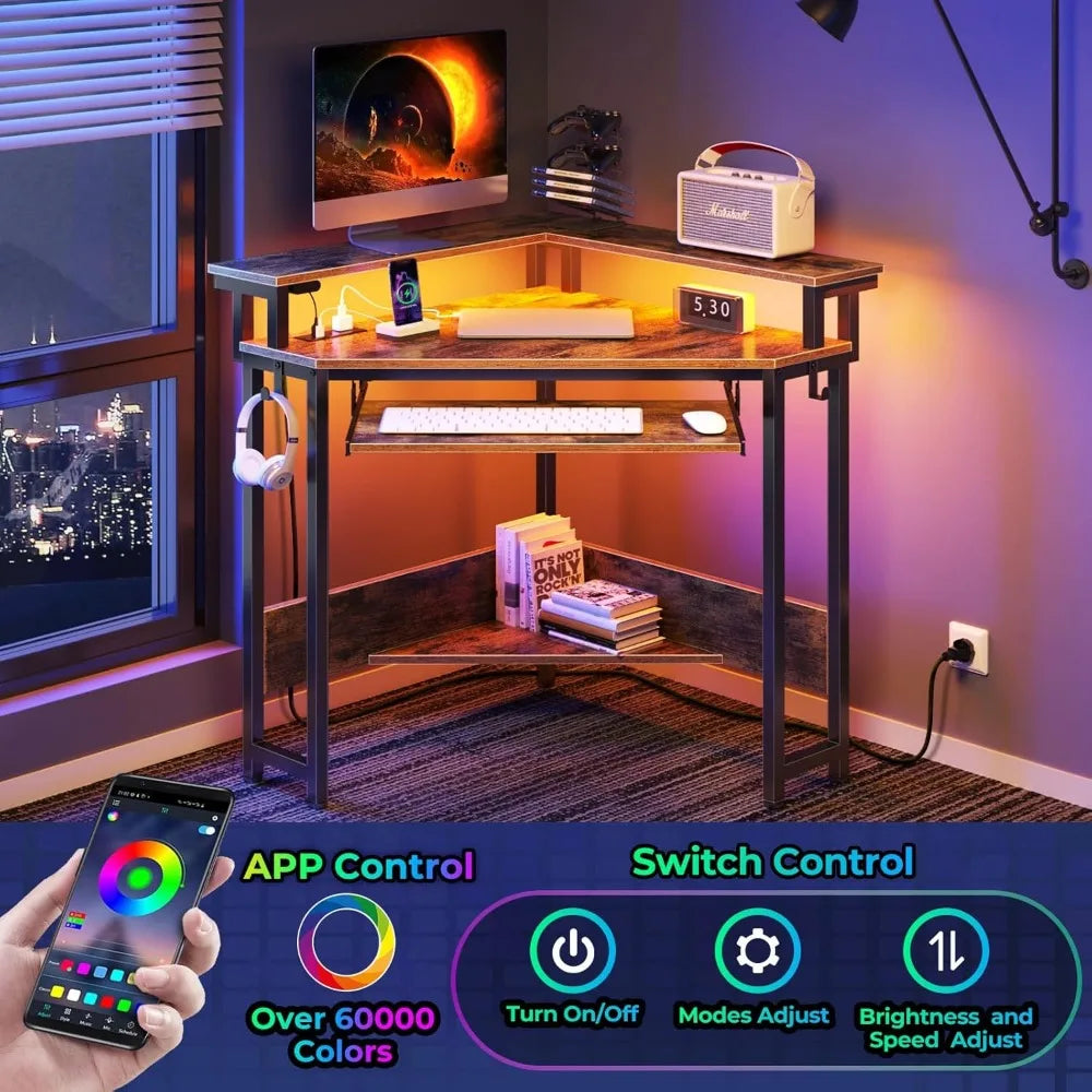 Corner Desk with Power Outlets LED Lights Gaming Computer Triangle Design