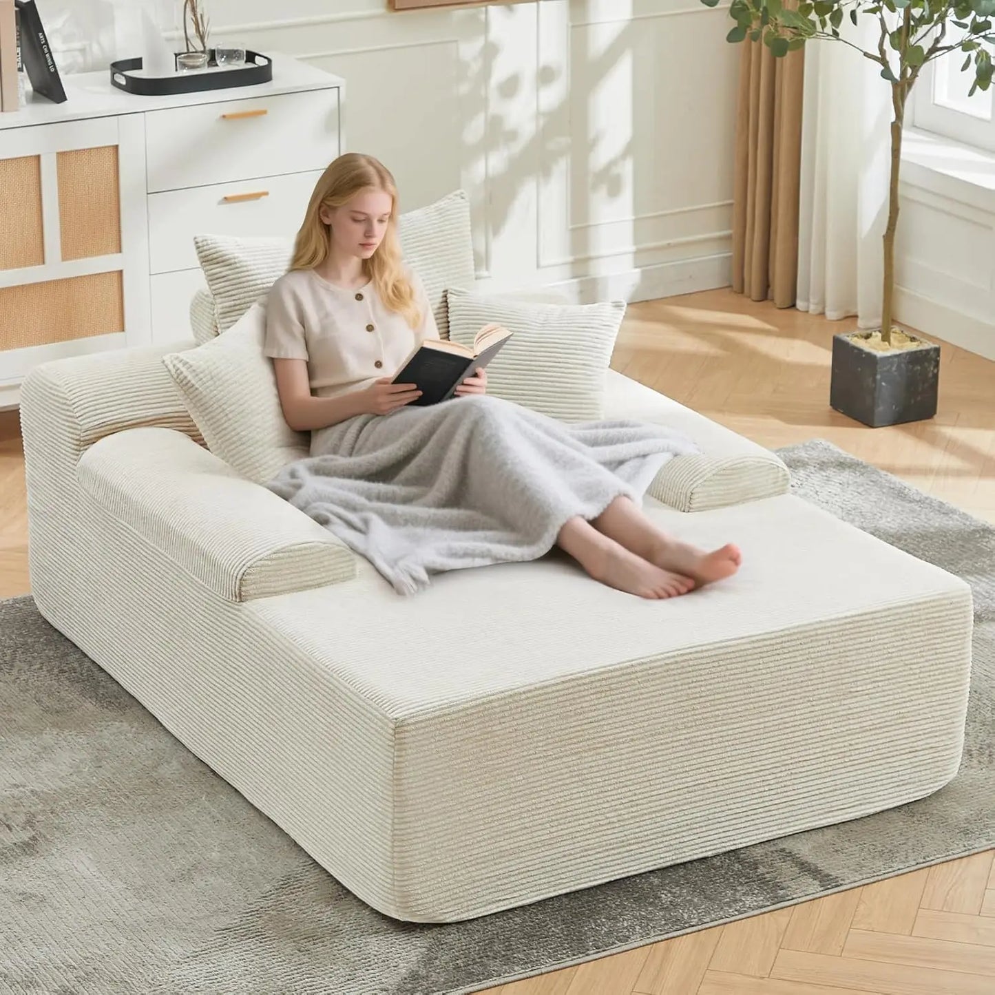 Ljustra Chaise Lounge Chair Indoor Corduroy Sofa Bed with 3 Pillows