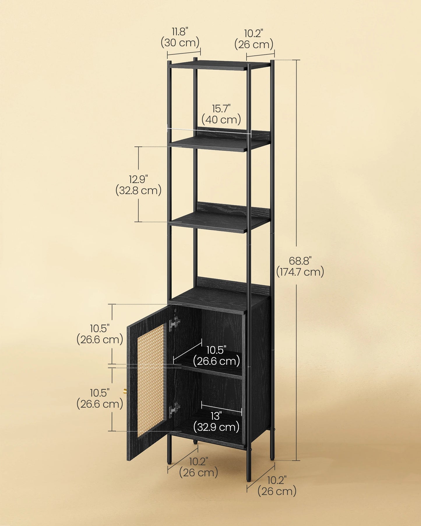 Ljustra 6-Tier Bookcase Rattan-Like Door Boho Style Metal Frame
