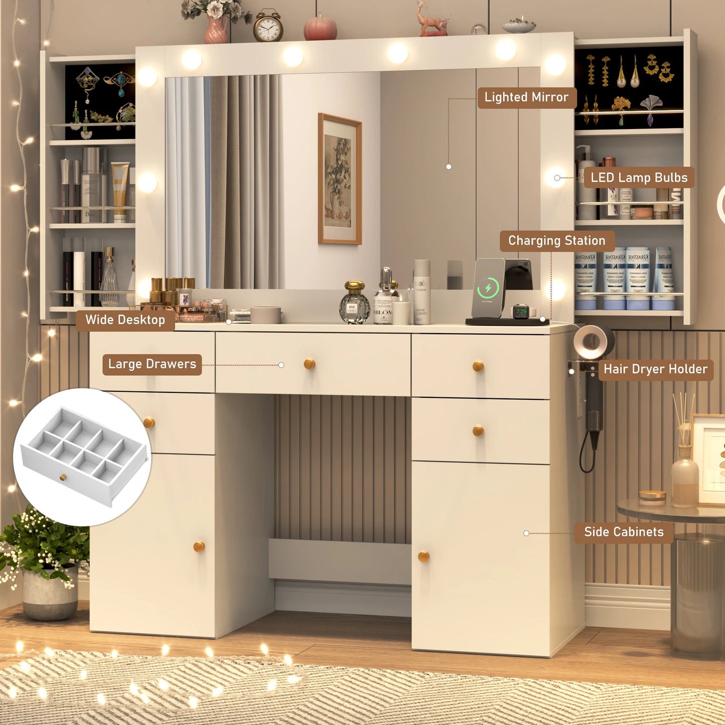 Vanity Desk with Lighted Mirror Charging Station & Storage Set