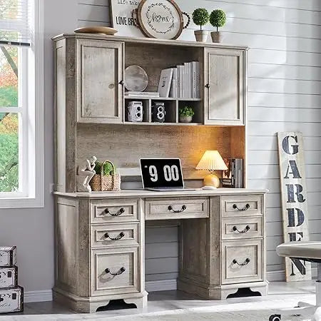 Farmhouse Executive Desk with Hutch Keyboard Tray Charging Station 59"