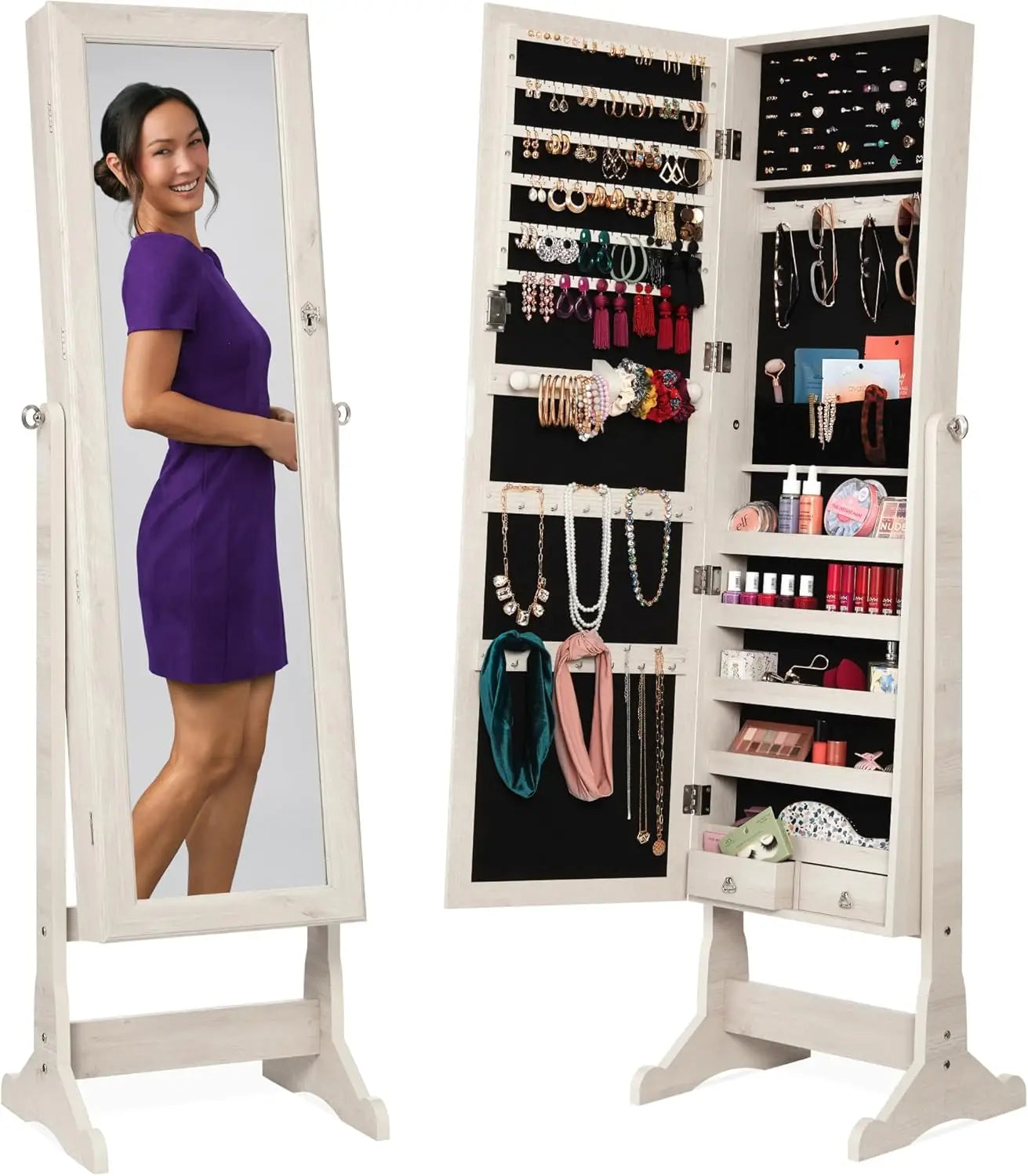 Freestanding Jewelry Armoire Cabinet Full Length Mirror Makeup Organizer