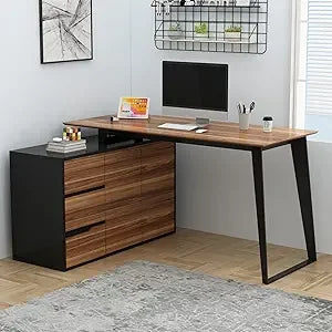 L-Shaped Home Office Desk with Storage 3 Drawers 2 Shelves Modern Design