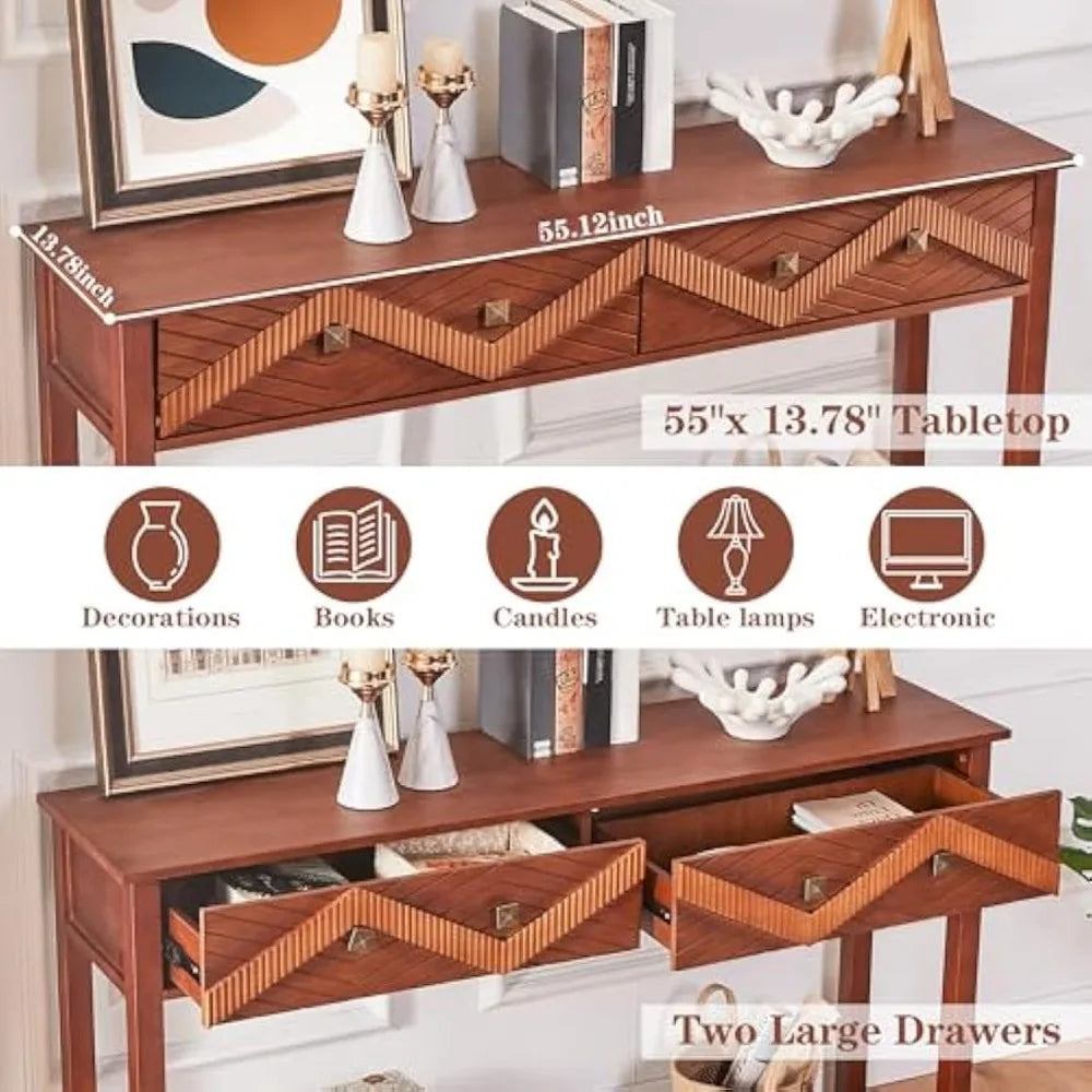55 Inch Mid Century Modern Console Table with 2 Drawers for Entryway
