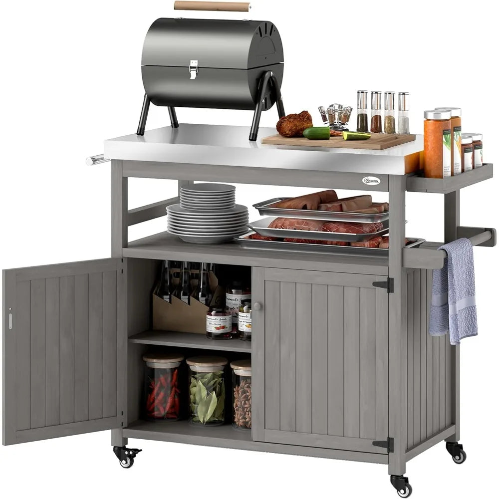 Outdoor Grill Cart with Wheels Storage Solid Wood Stainless Steel Top