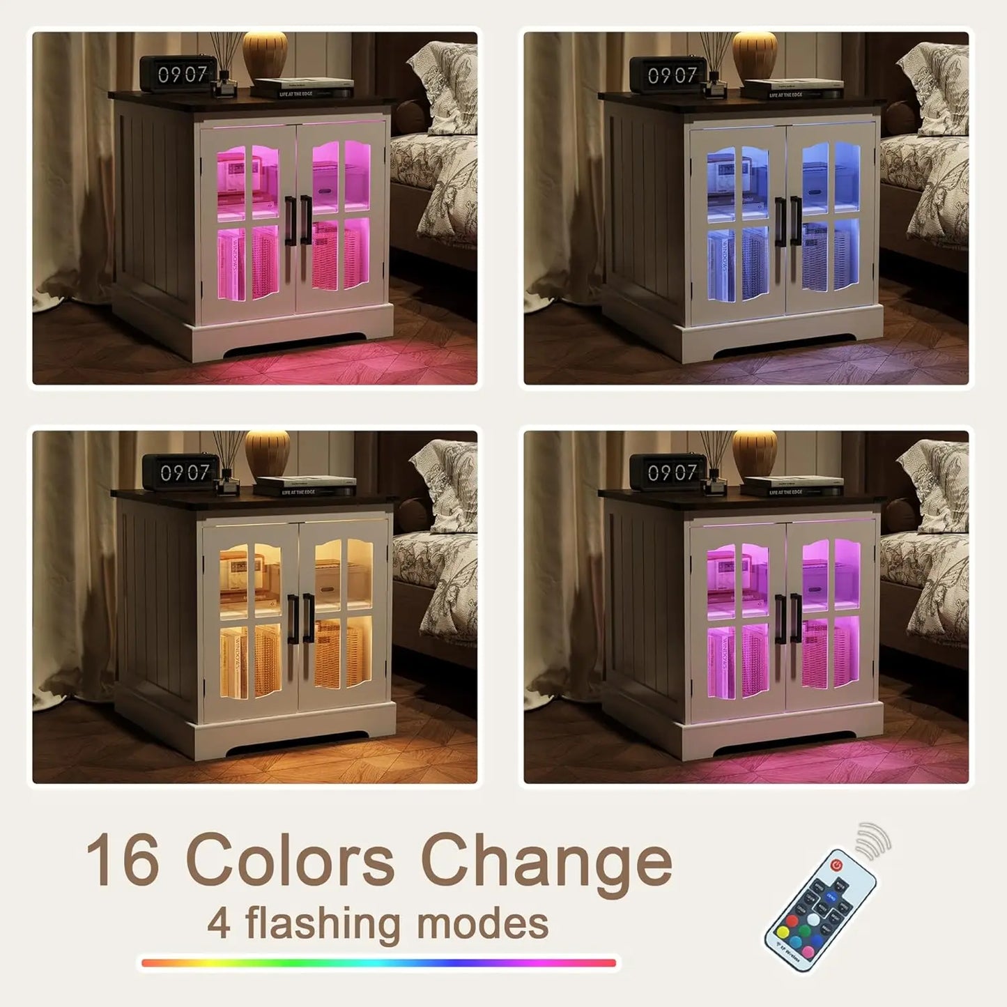 Farmhouse End Table Set of 2 with Charging Station LED Light