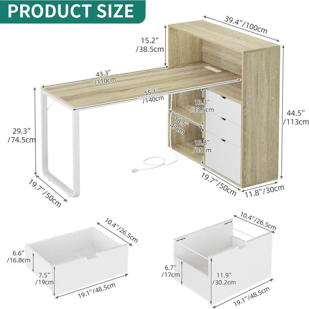 L Shaped Desk with Power Outlets LED Lights Computer Desk with Drawers