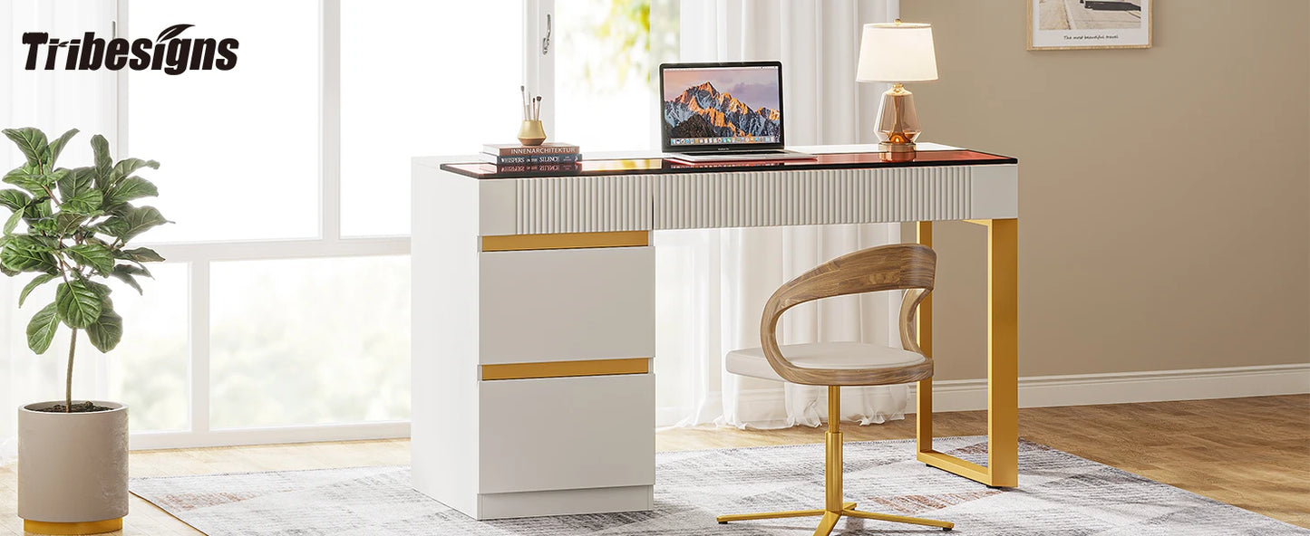 Modern 47 Inch Computer Desk with 4 Drawers Glass Top Home Office Furniture