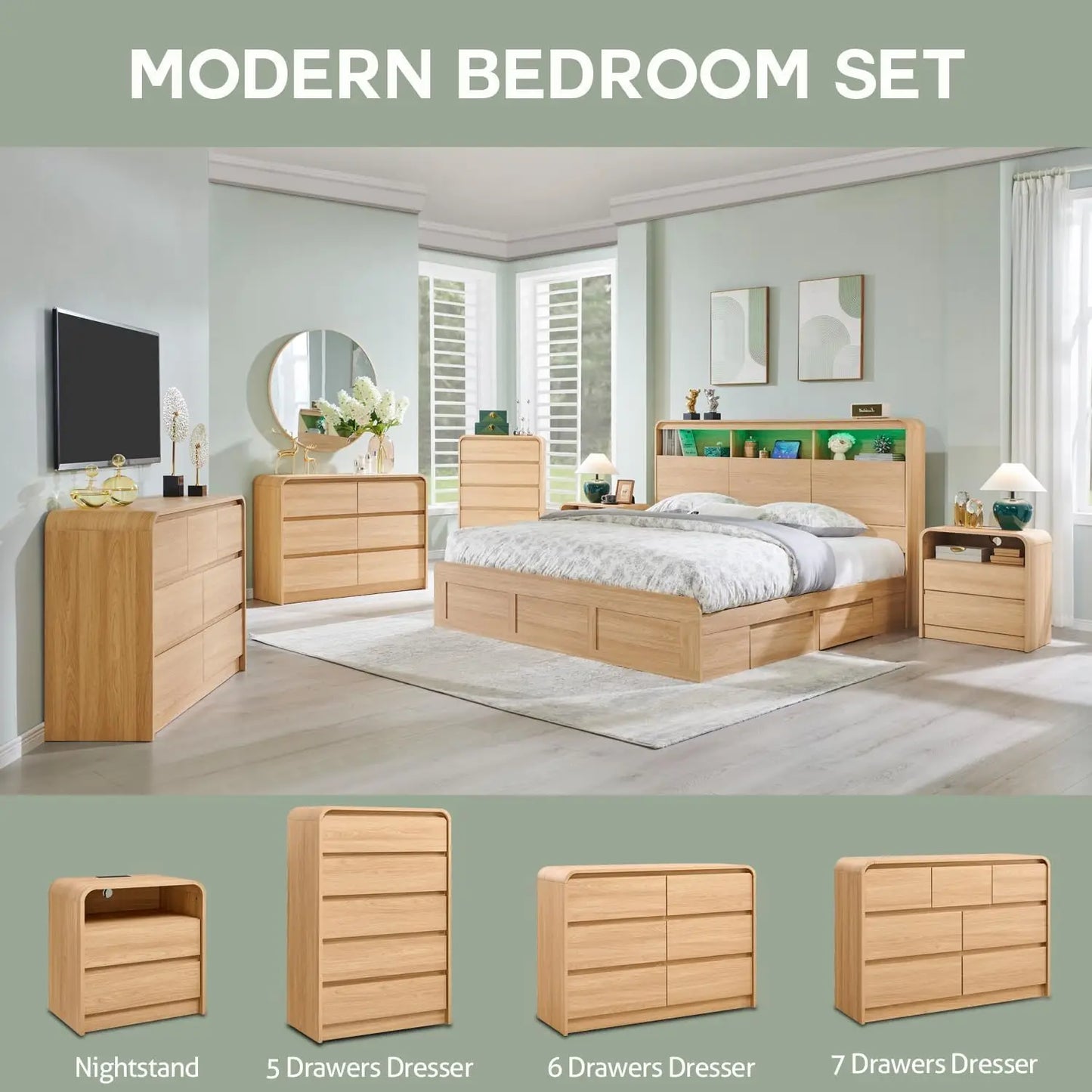 25 Inch Tall Modern Nightstand with Charging Station and 2 Drawers