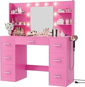 Vanity Desk with Mirror LED Lights Power Outlet 7 Drawers Storage