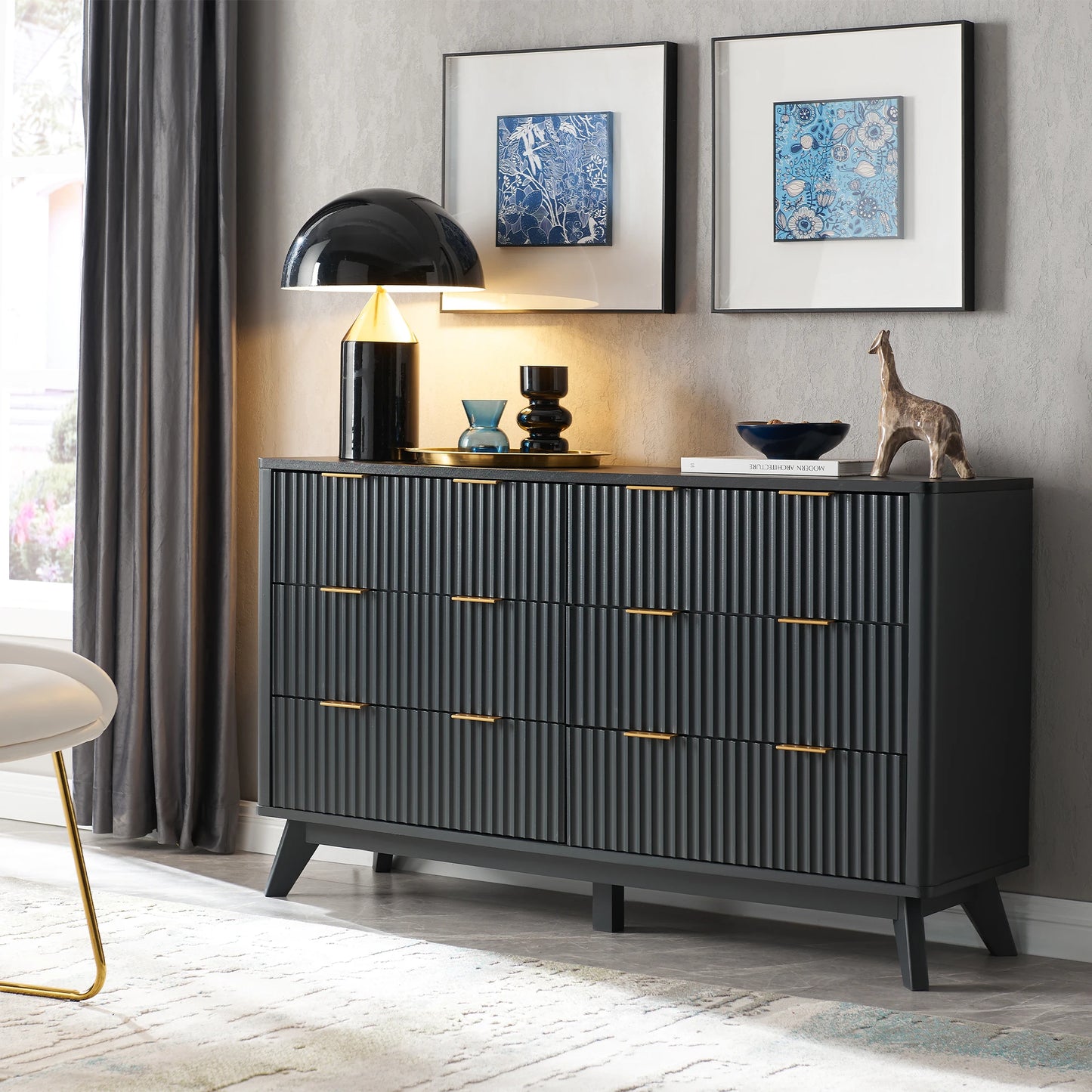 Modern 6 Drawer Dresser Faux Marble Top Fluted Chest of Drawers
