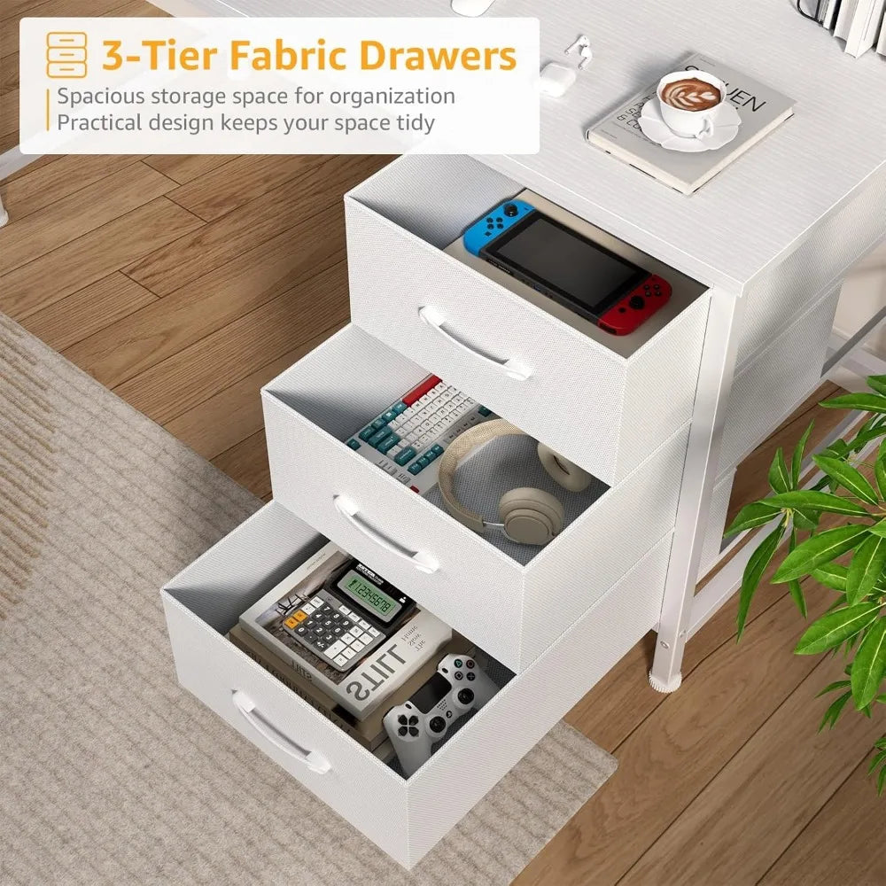 Modern White Computer Desk with Hutch Storage and Power Outlets