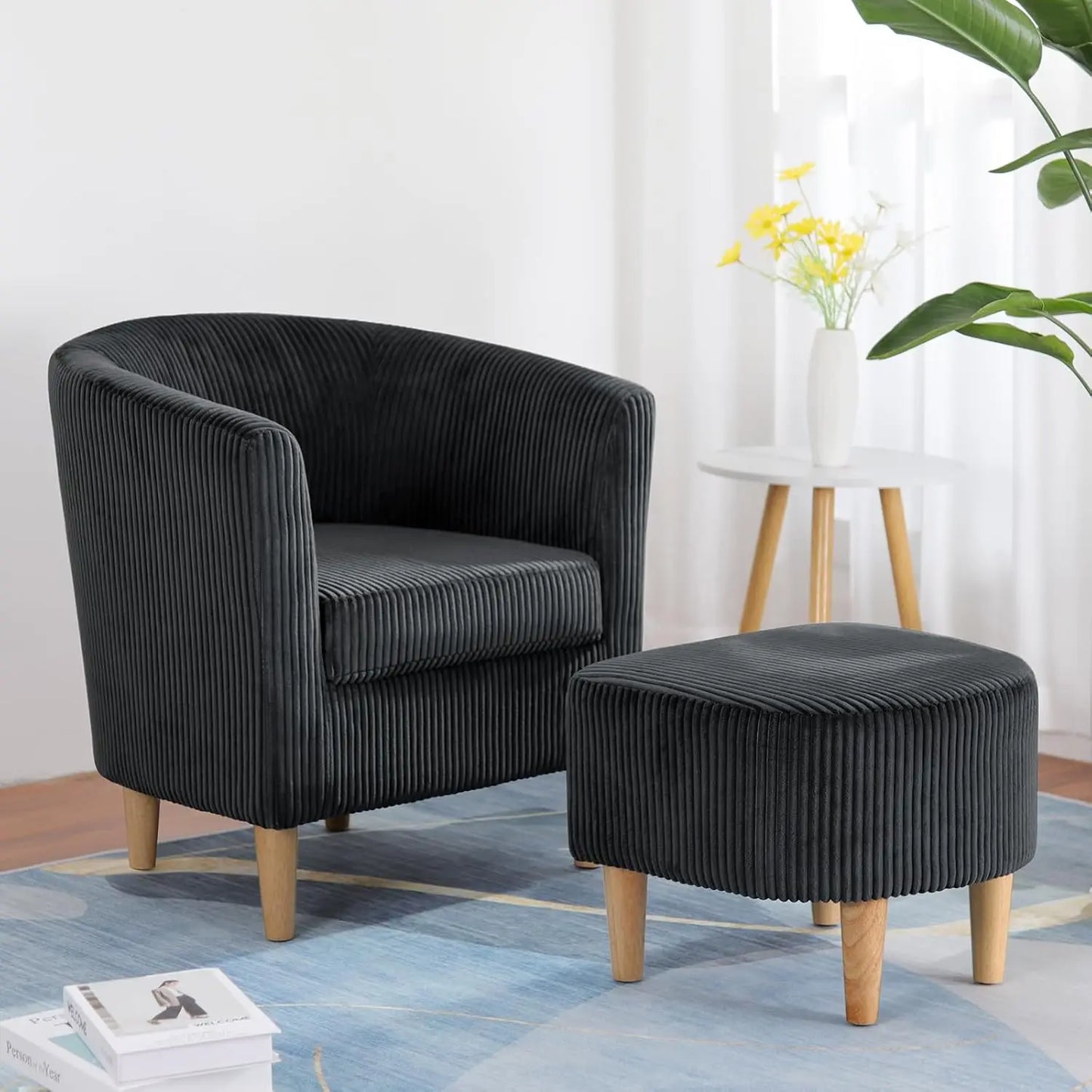 Accent Chair with Ottoman Mid Century Modern Barrel Comfy Living Room Chair