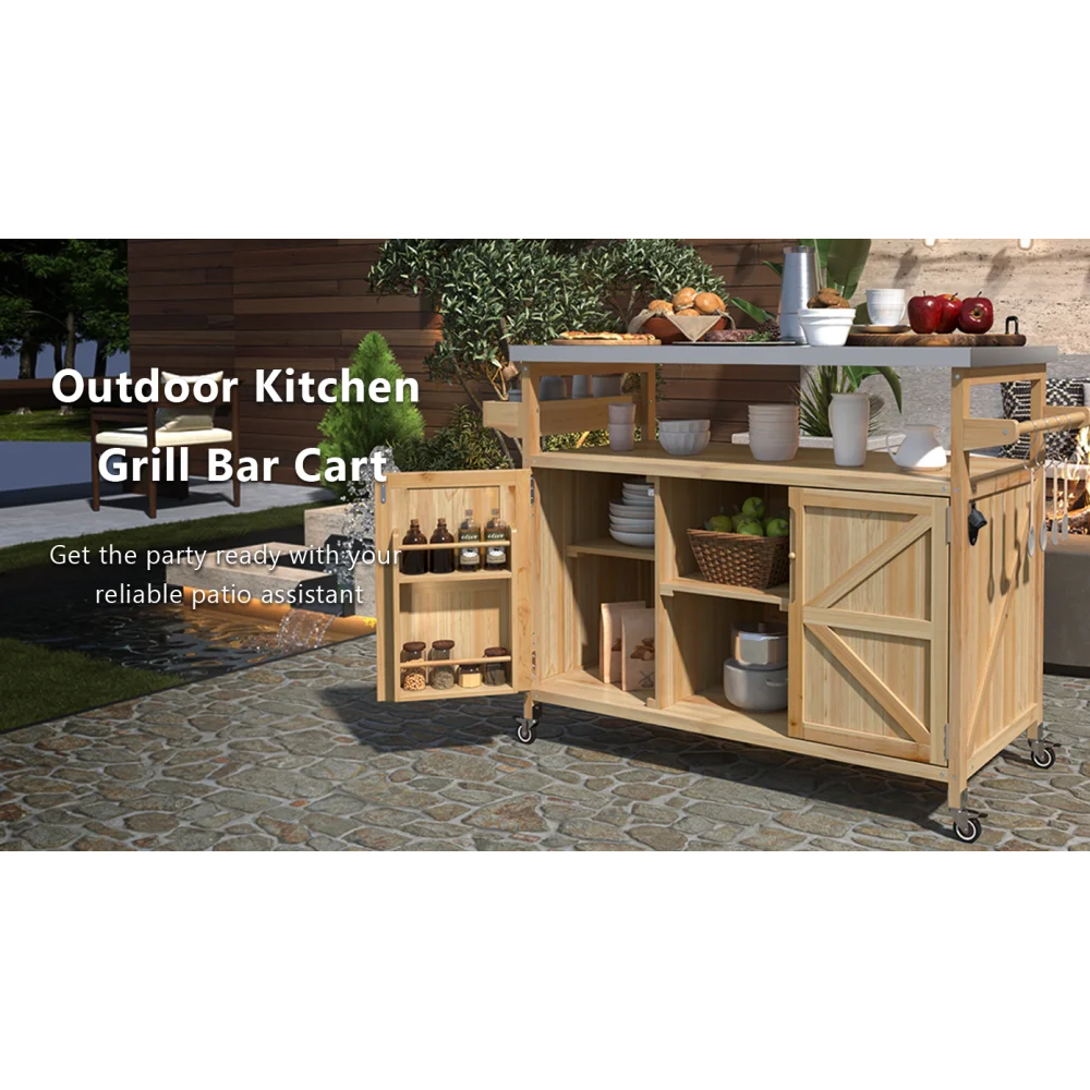 Outdoor Kitchen Island Rolling Bar Cart Storage Cabinet Grill Table