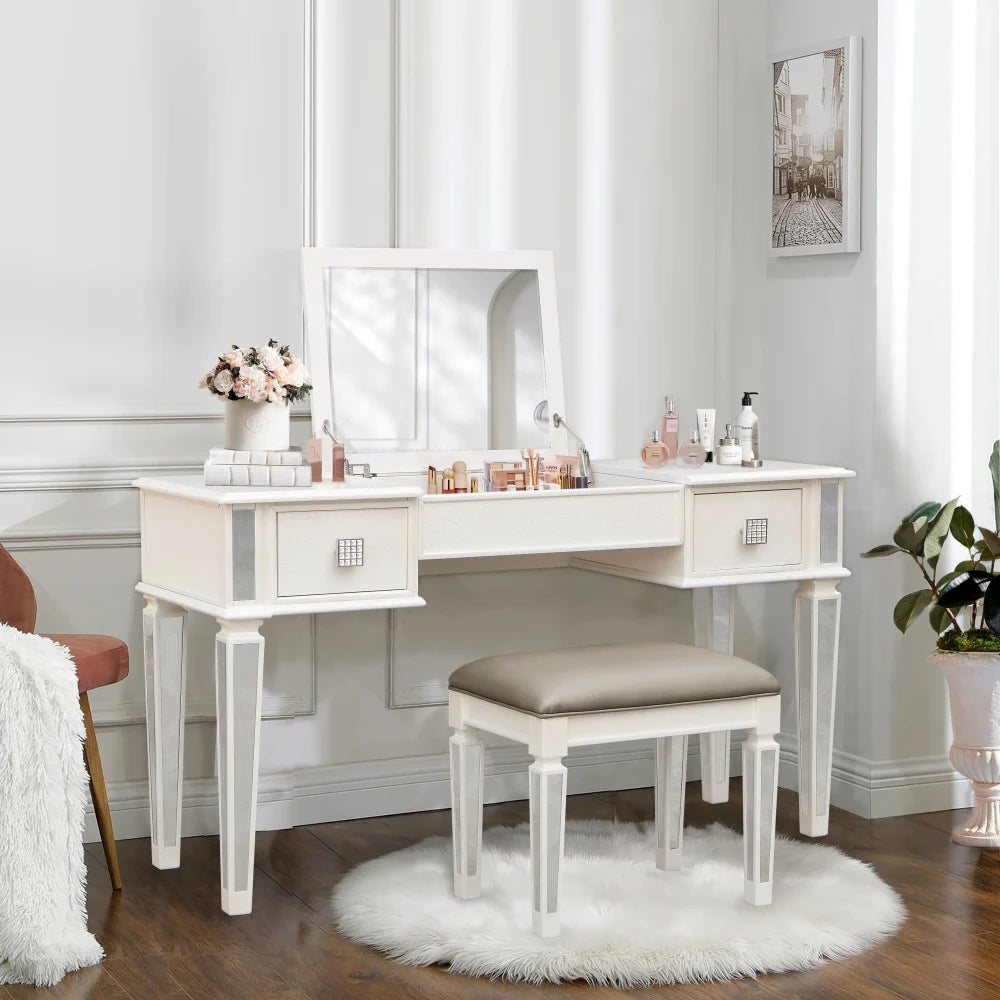 Luxury Mirrored Vanity Desk Set with Stool and Drawer Storage for Bedroom
