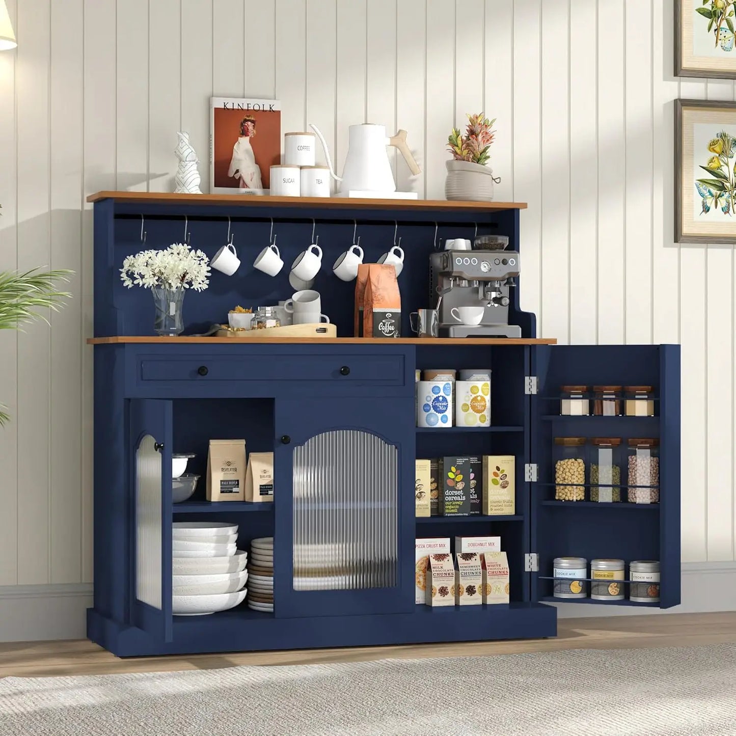 48 Inch Kitchen Pantry Cabinet Wood Coffee Bar Storage Microwave Stand