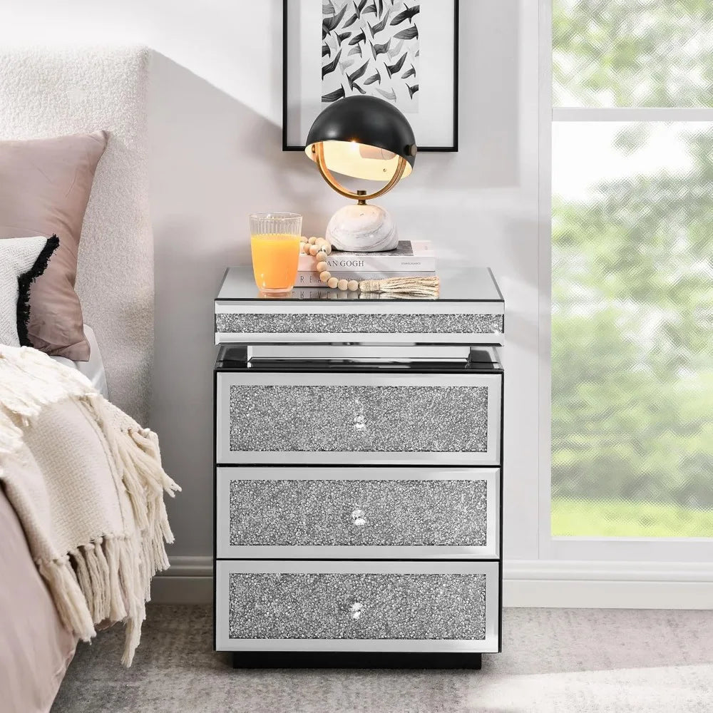 Luxury Crystal Mirrored Nightstand Bedside Cupboard Modern Furniture