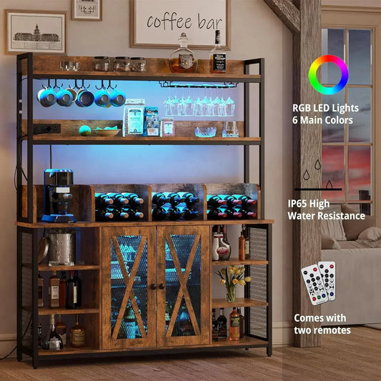 Coffee Bar Cabinet Industrial Buffet 3-Tier Liquor Storage Home Kitchen